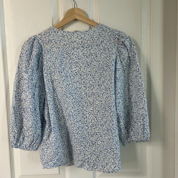 H&M Top Linen Button Down Shirt Blue Floral Blouse Spring Casual Everyday SZS - Picture 4 of 13